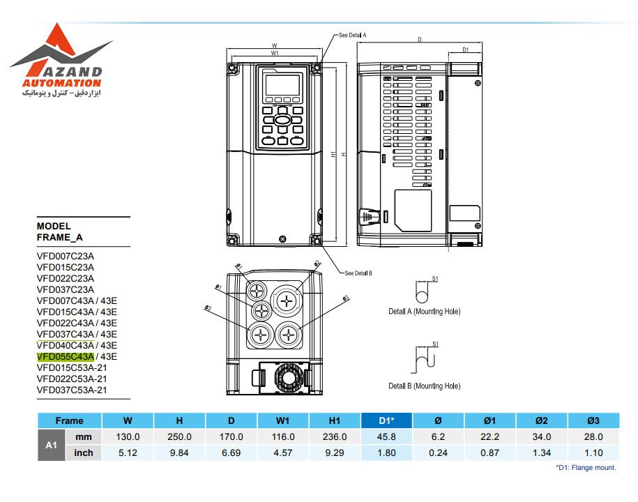 ابعاد اینورتر 5.5 کیلووات سه فاز دلتا C2000 مدل VFD055C43A