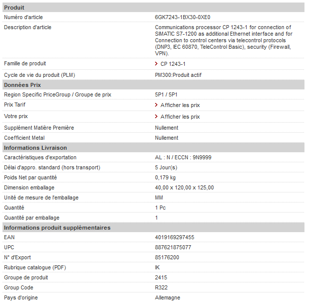 جدول مشخصات ماژول ارتباطی امنیت شبکه اترنت زیمنس CP 1243-1