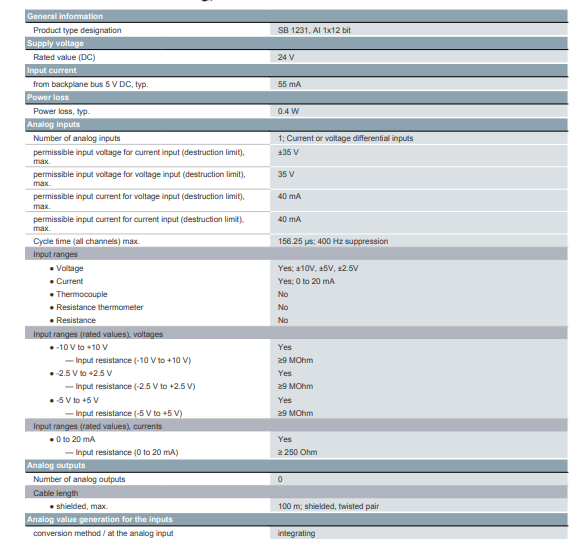 جدول مشخصات ماژول زیمنس 6ES7231-4HA30-0XB0